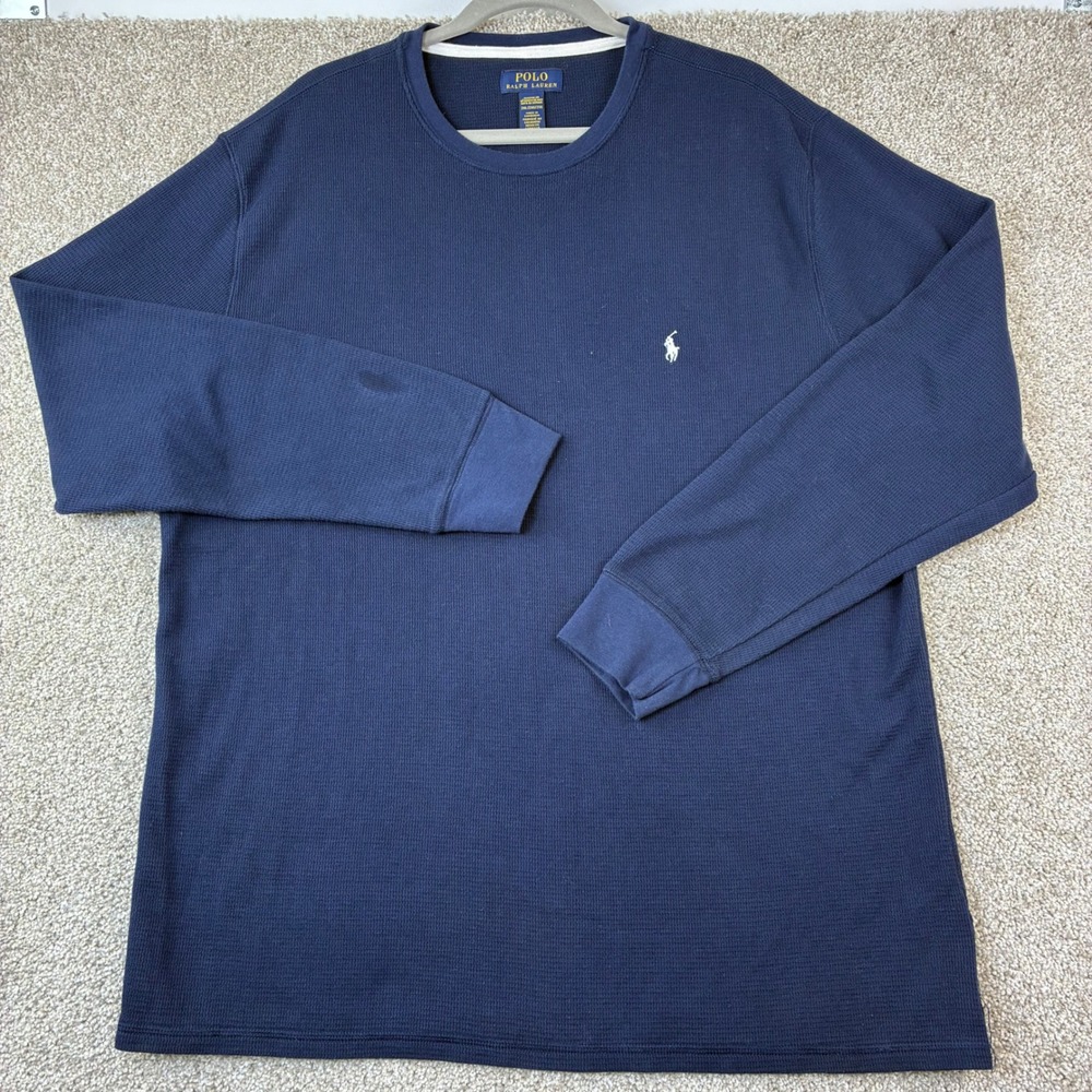 Polo Ralph Lauren Thermal‎ Shirt Mens 2XL Navy Blue Waffle Knit Long Sleeve Pony